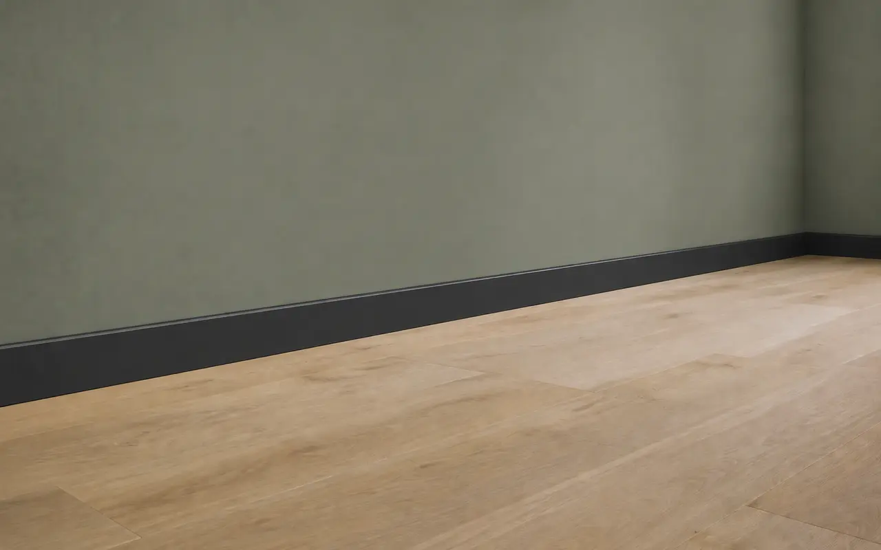 Donkere antraciete plint als contrast tegen een grijsgroene wand