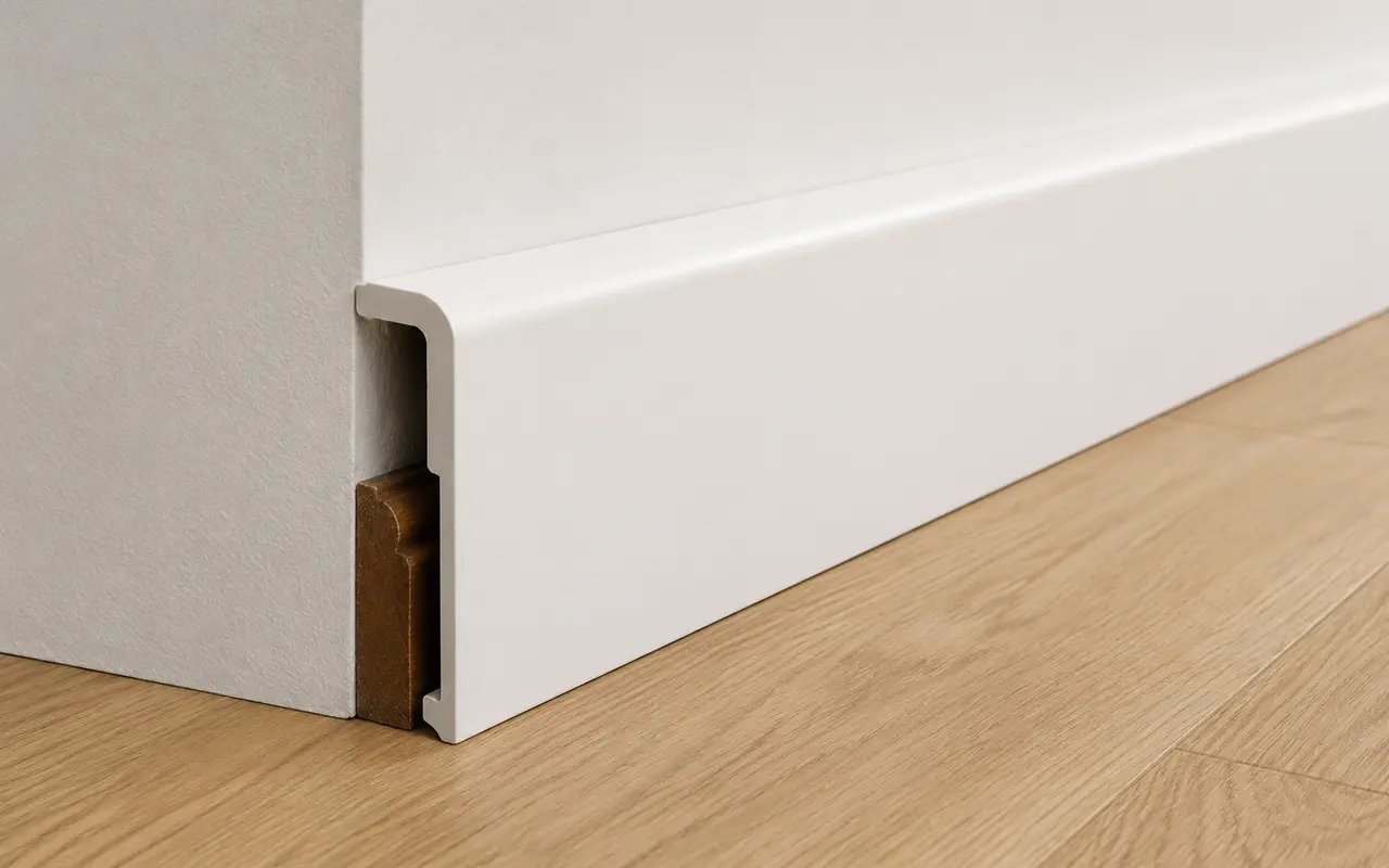Doorsnede van een witte overzetplint over een bestaande houten plint