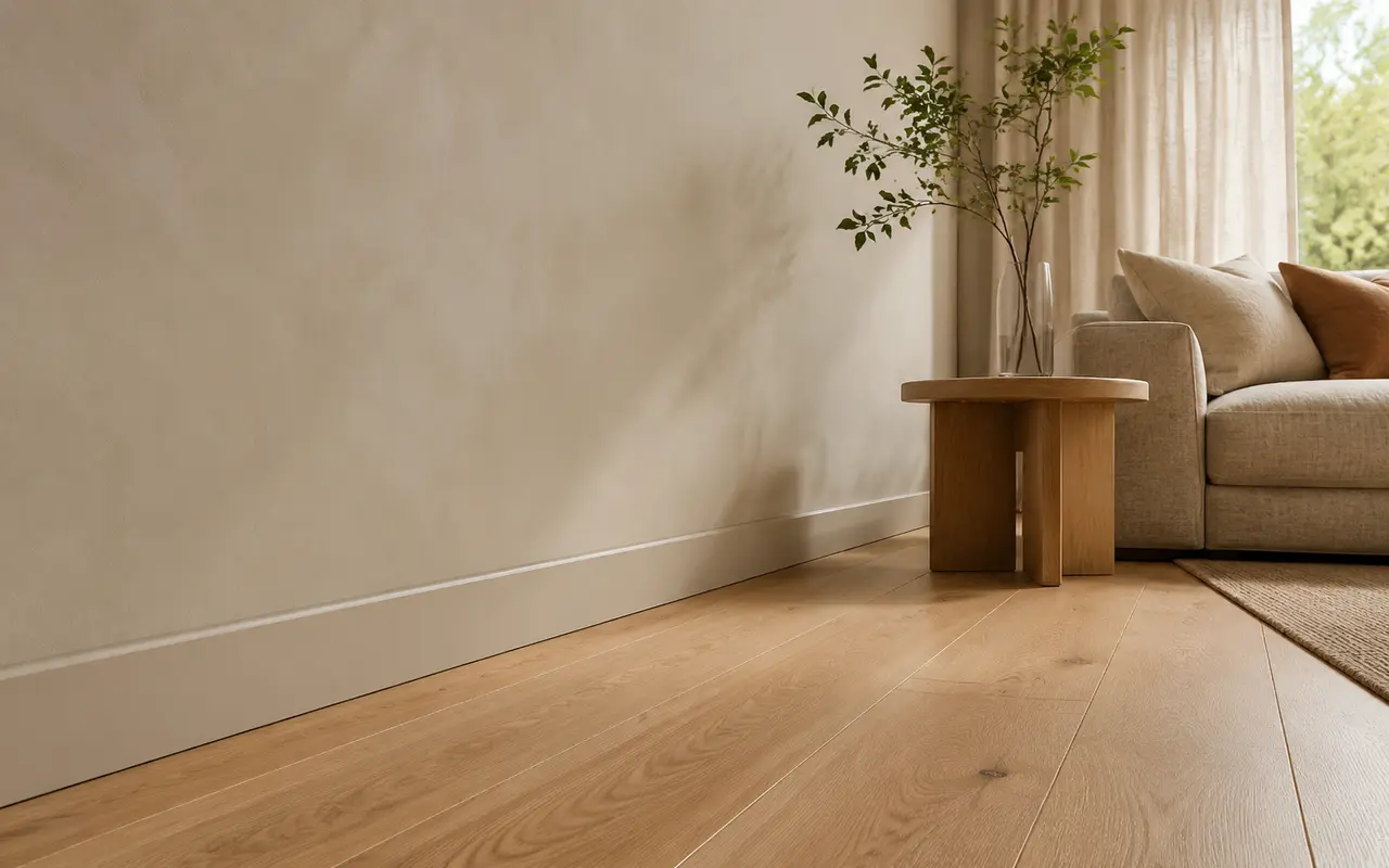 Warm natuurlijk interieur met plint in een zachte wandkleur