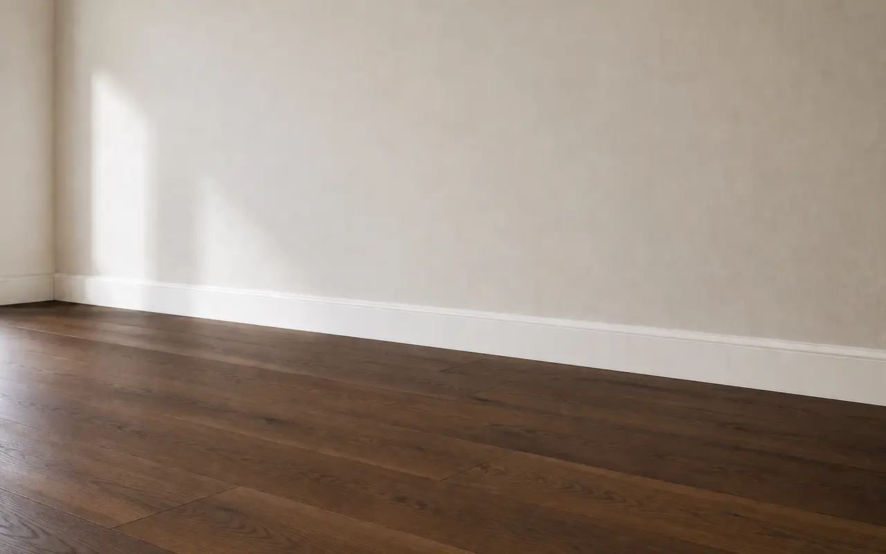 Dezelfde kamer met een warme donkere houten vloer