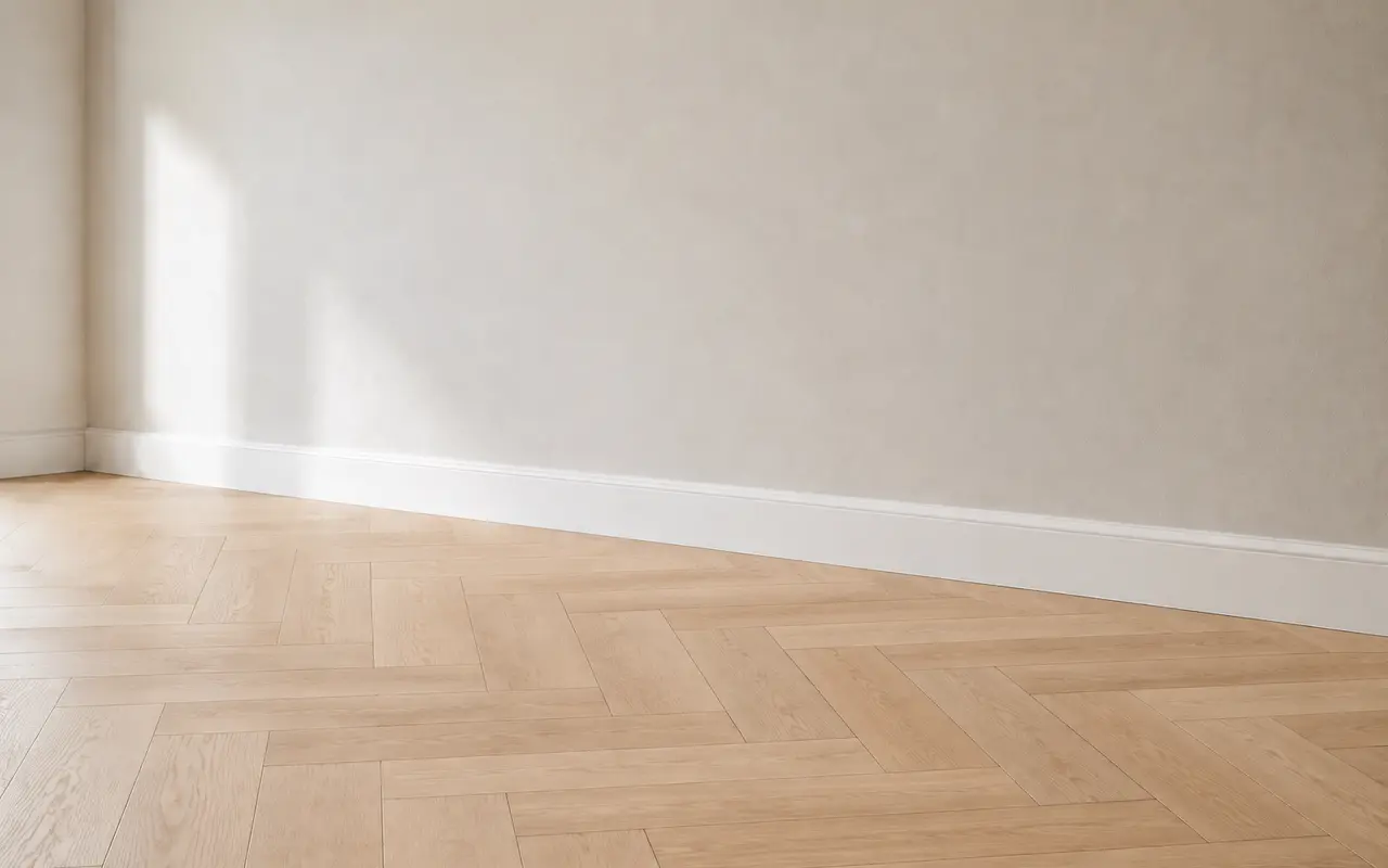 Dezelfde kamer met een lichte eiken visgraatvloer